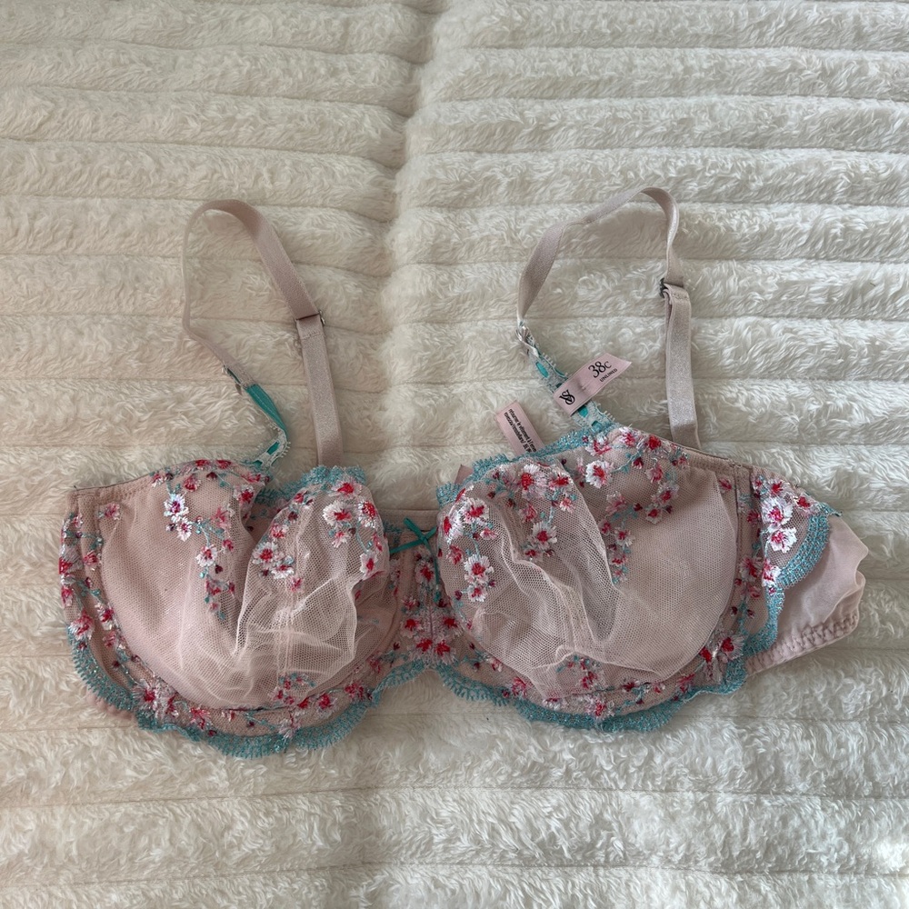 Victoria's Secret Floral Embroidered Bra with Blue Lace